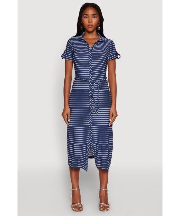 Crepe Knit Striped Shirt Dress