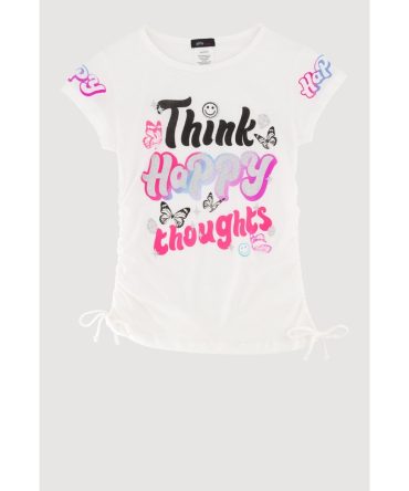 Girls Think Happy Thoughts Glitter Graphic T-Shirt