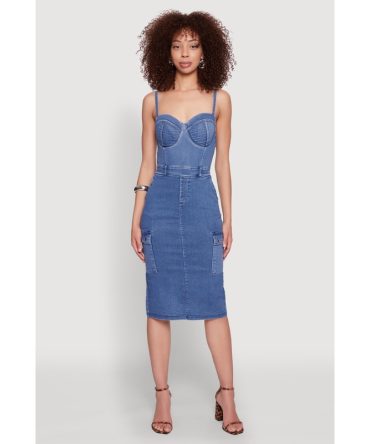 Haute Monde Denim Slit Back Cargo Bustier Dress