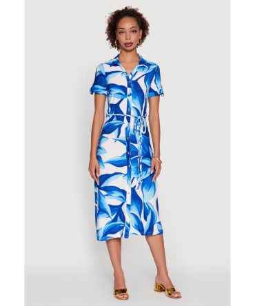 Leaf Print Button Front Shirt Dress with Tie Waist Belt