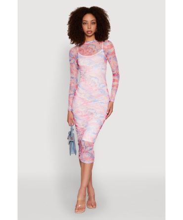 Marble Print Mesh Long Sleeve Midi Dress