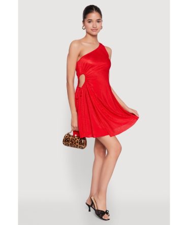Plisse One Shoulder Drawstring Keyhole Mini Dress