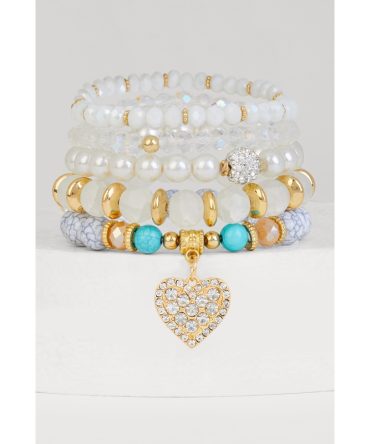Rhinestone Heart Charm Beaded Stretch Bracelets Set of 5