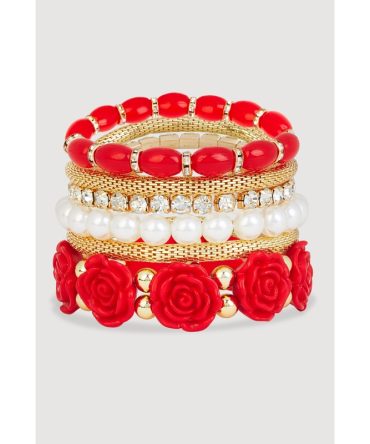 Rose Assorted Faux Pearl Stretch Bracelets Set of 6