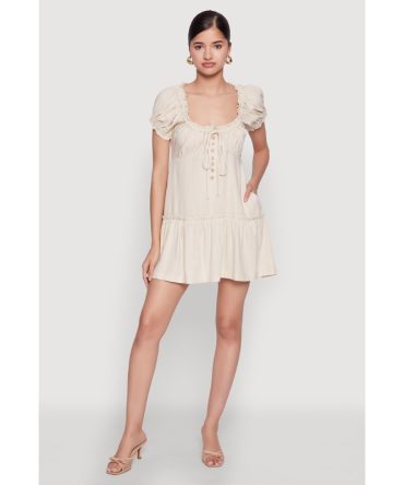 Square Neck Tie Front Mini Peasant Dress