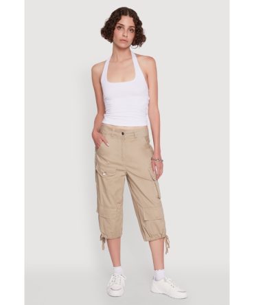 Trendy Cargo Pocket Drawstring Hem Capris Pants