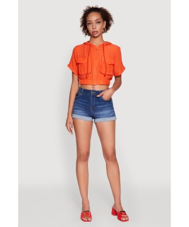 Trendy Cargo Pocket Zip Front Cropped Hoodie