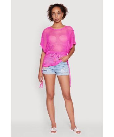 Trendy Fishnet Tunic Top with Drawstring Waist