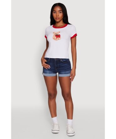 Trendy Graphic Strawberry Teddy Ringer T-Shirt