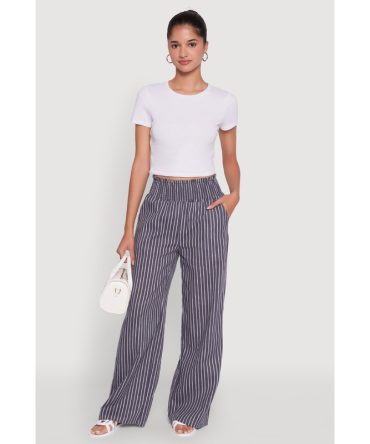 Trendy Linen Striped Smocked Waist Wide Leg Pants