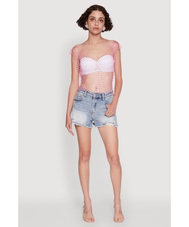 Trendy Rhinestone Fishnet V Neck Crop Top