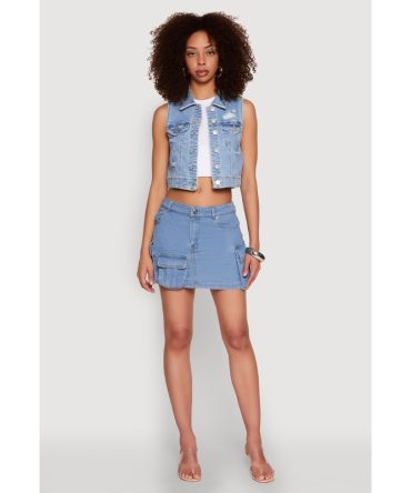 WAX Distressed Button Front Denim Vest