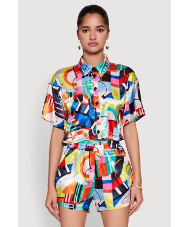 Abstract Print Cropped Button Front Shirt