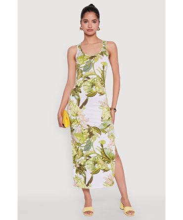 Floral Print Side Slit Tank Midi Dress