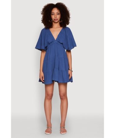 Gauze Knit Plunge Tiered Mini Dress