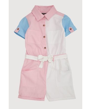 Girls Color Block Tie Waist Belted Romper