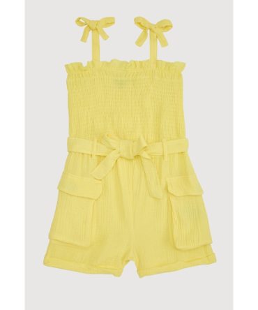 Girls Gauze Knit Tie Shoulder Smocked Cargo Romper