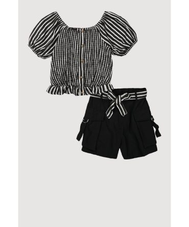 Girls Striped Smocked Top and Cargo Shorts