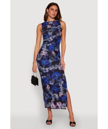 Haute Monde Side Ruched Floral Mesh Dress