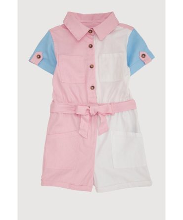 Little Girls Color Block Tie Waist Belted Romper