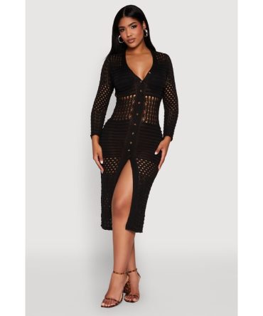 Pointelle Crochet Button Front Midi Dress