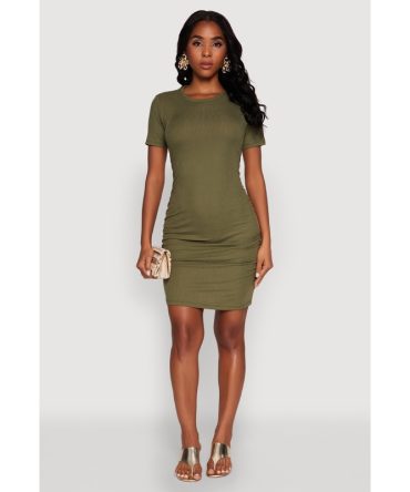 Ribbed Knit Ruched T Shirt Dress