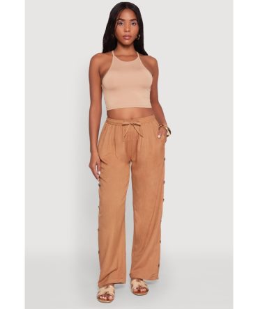 Side Button Detail Linen Pants