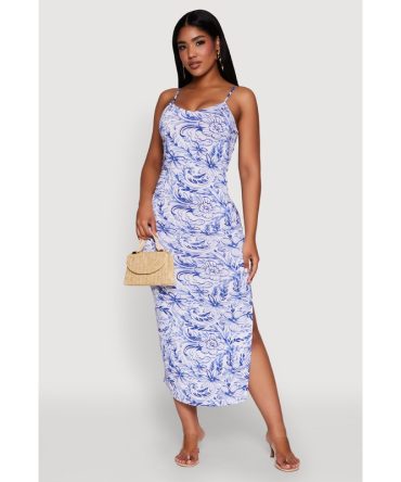 Side Slit Flower Print Cami Maxi Dress