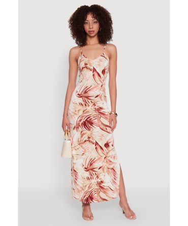 Side Slit Leaf Print Cami Maxi Dress