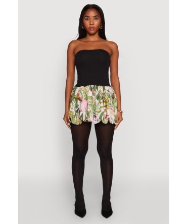 Strapless Floral Print Bubble Hem Dress