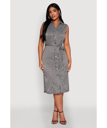 Striped Button Detail Tie Waist Shirt Dress
