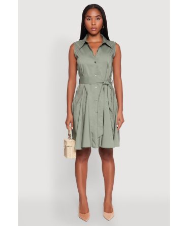 Tie Waist Belted Sleeveless Pleated Shirt Dress