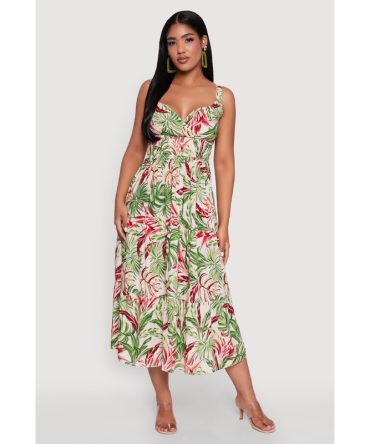 Tropical Leaf Print Empire Waist Sundress