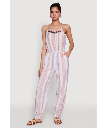 Wooden Beaded Scoop Neck Striped Jumpsuit