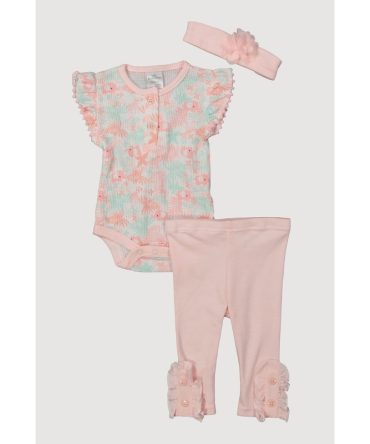 Baby Girls 0-9M Patterned Waffle Knit Bodysuit and Leggings with Headband