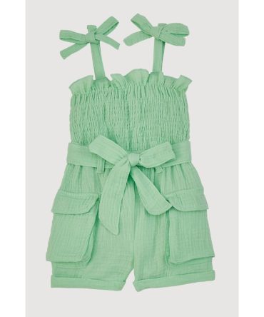 Baby Girls Gauze Knit Bow Strap Romper with Tie Waist Belt