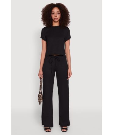 Casual Textured Knit Straight Leg Pants with Faux Drawstring