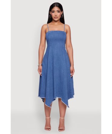 Chic Denim Dress with Square Neck and Frayed Details