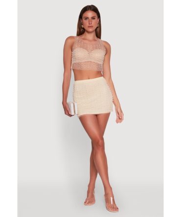 Chic Faux Pearls and Rhinestone Sleeveless Mesh Top