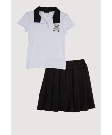 Girls Rhinestone Bear Polo Shirt and Pleated Skirt