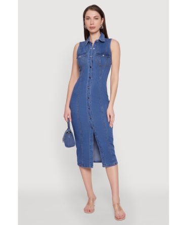 Haute Monde Denim Sleeveless Shirt Collar Dress