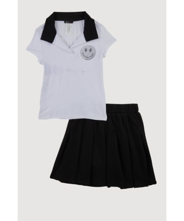 Little Girls Rhinestone Smiley Polo Shirt and Pleated Skirt