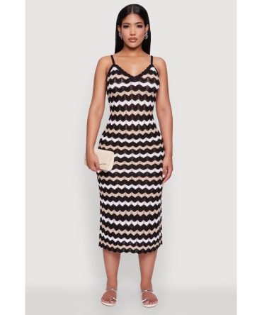 Madden Girl Wavy Striped V Neck Sleeveless Crochet Cami Dress