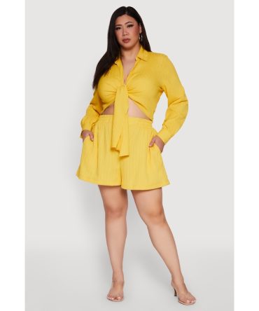 Plus Size Chic High Waisted Textured Knit Shorts