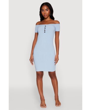 Rib Knit Faux Button Off Shoulder Bodycon Dress