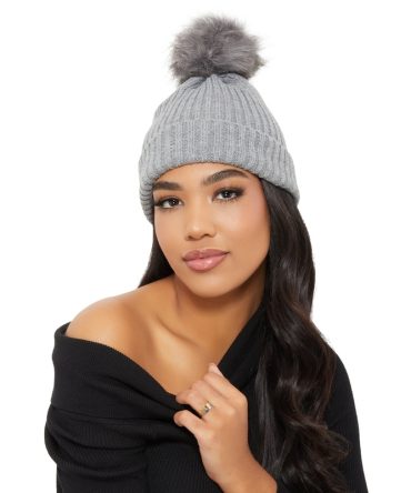 Ribbed Knit Faux Fur Pom Pom Beanie