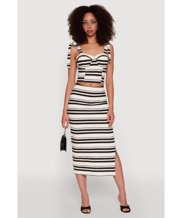 Striped Side Slit Midi Skirt