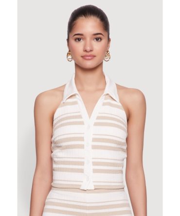 Textured Knit Striped Cropped Halter Top
