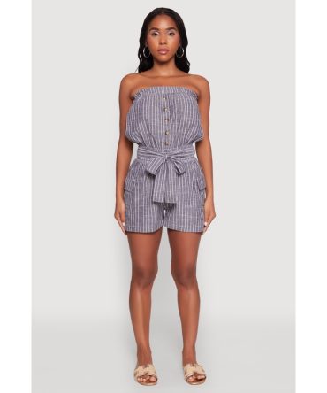 Tie Waist Belted Striped Strapless Cargo Romper