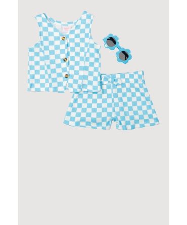 Toddler Girls Checkered Rib Knit Vest and Shorts with Sunglasses